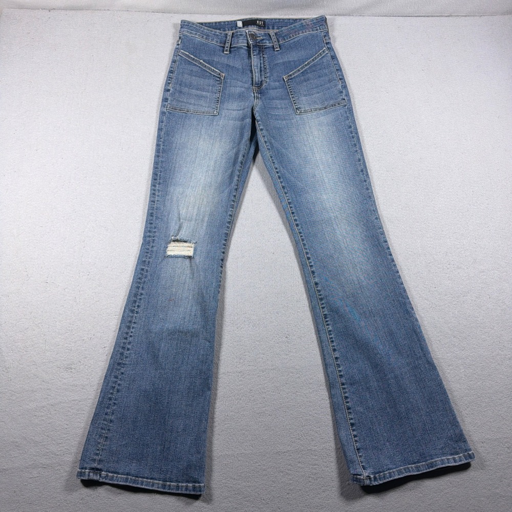 Kut From The Kloth Ana Flare Jeans Women Size 4 Distressed Blue Denim Retro Boho